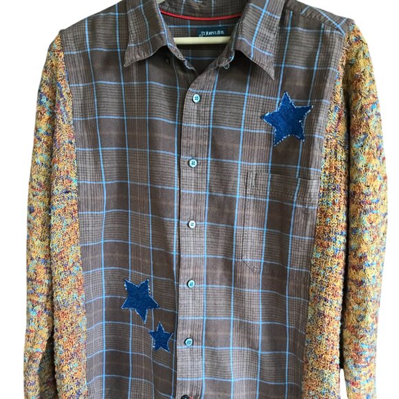 Upcycled Autumn Flannel Shirt, Sweater Sleeves: Plaid Button-Down Jacket Size L - Picture 8 of 10